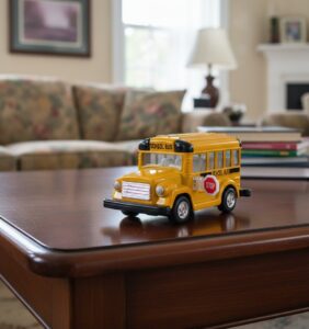 Toy School Bus with AI background